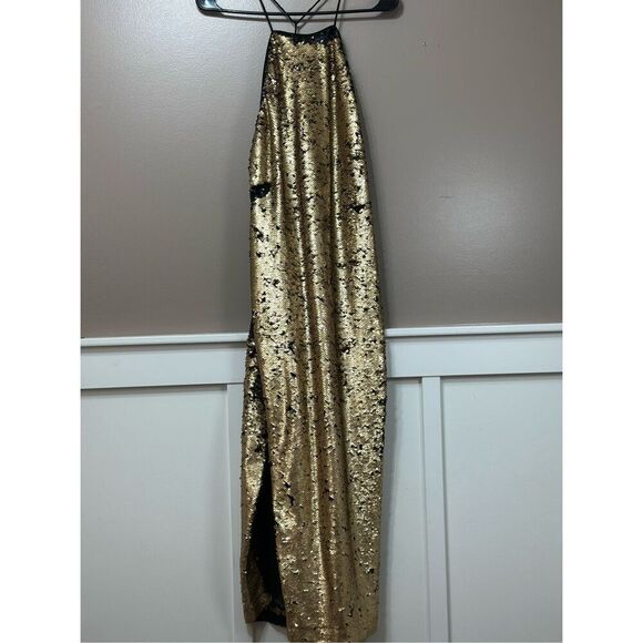 NWOT NBD Sequin Black & Gold Racerback High Slit Dress Women's Small - Picture 3 of 14
